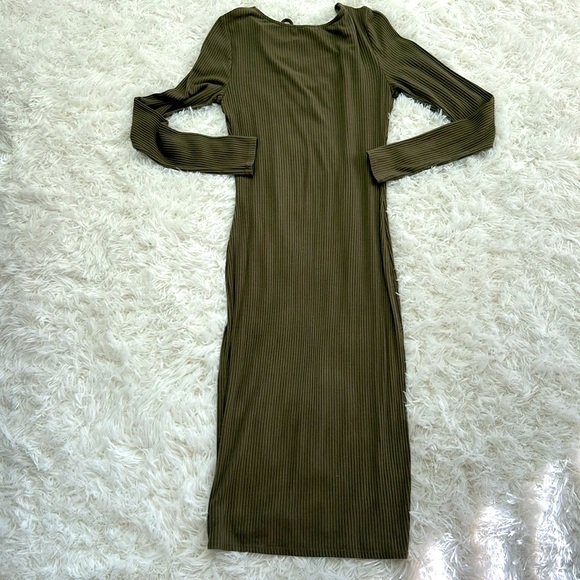 Olive Green Ribbed Long Sleeve Dress - Picture 3 of 3